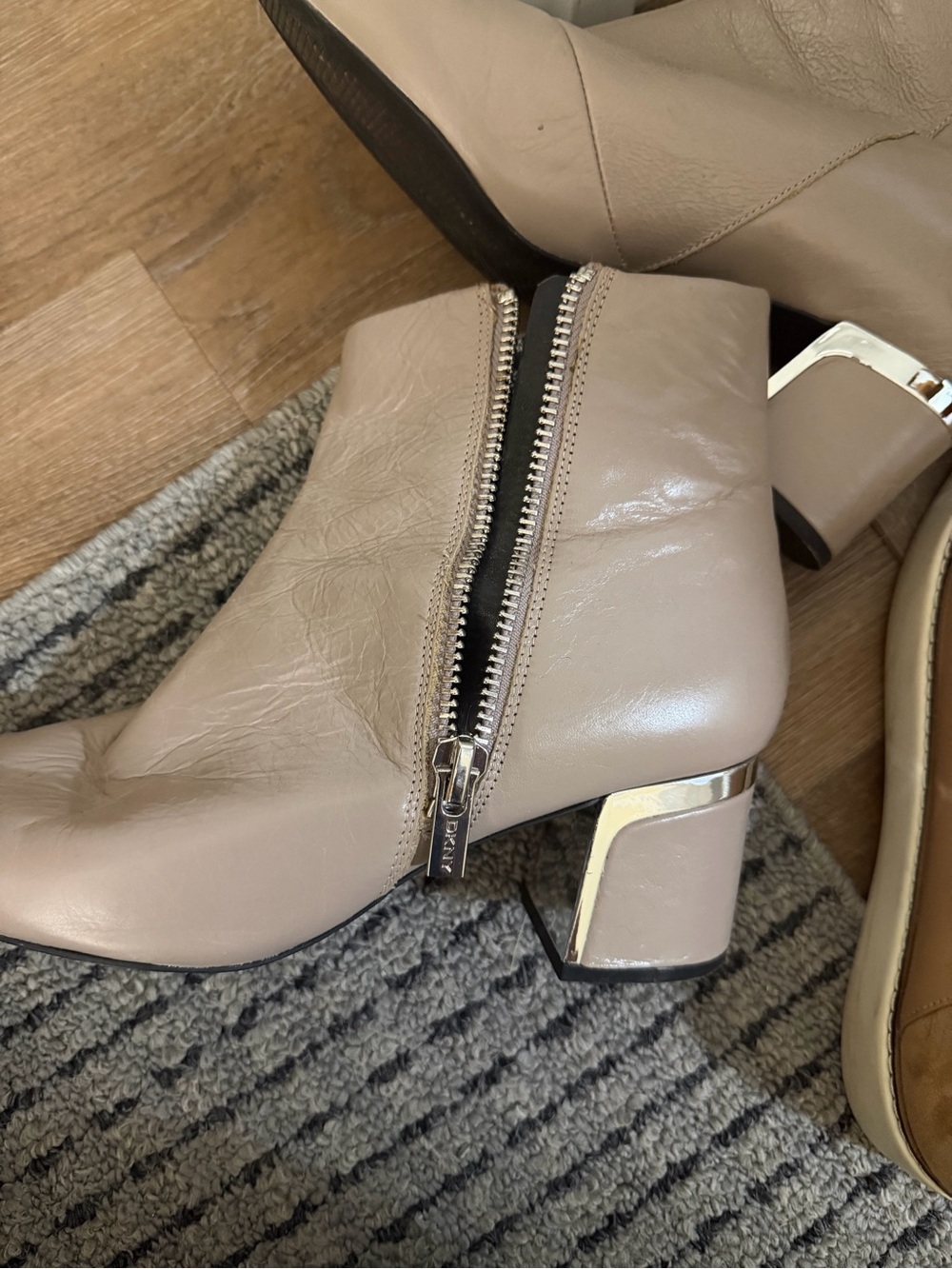 DKNY Taupe Zip Ankle Boots with Metallic Block Heel